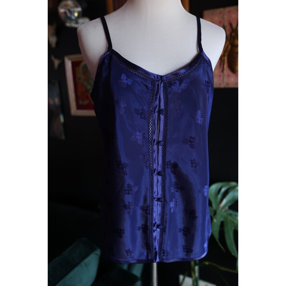 Vintage Valerie Stevens Y2K Royal Blue Floral Button Satin Camisole Baby Doll  M